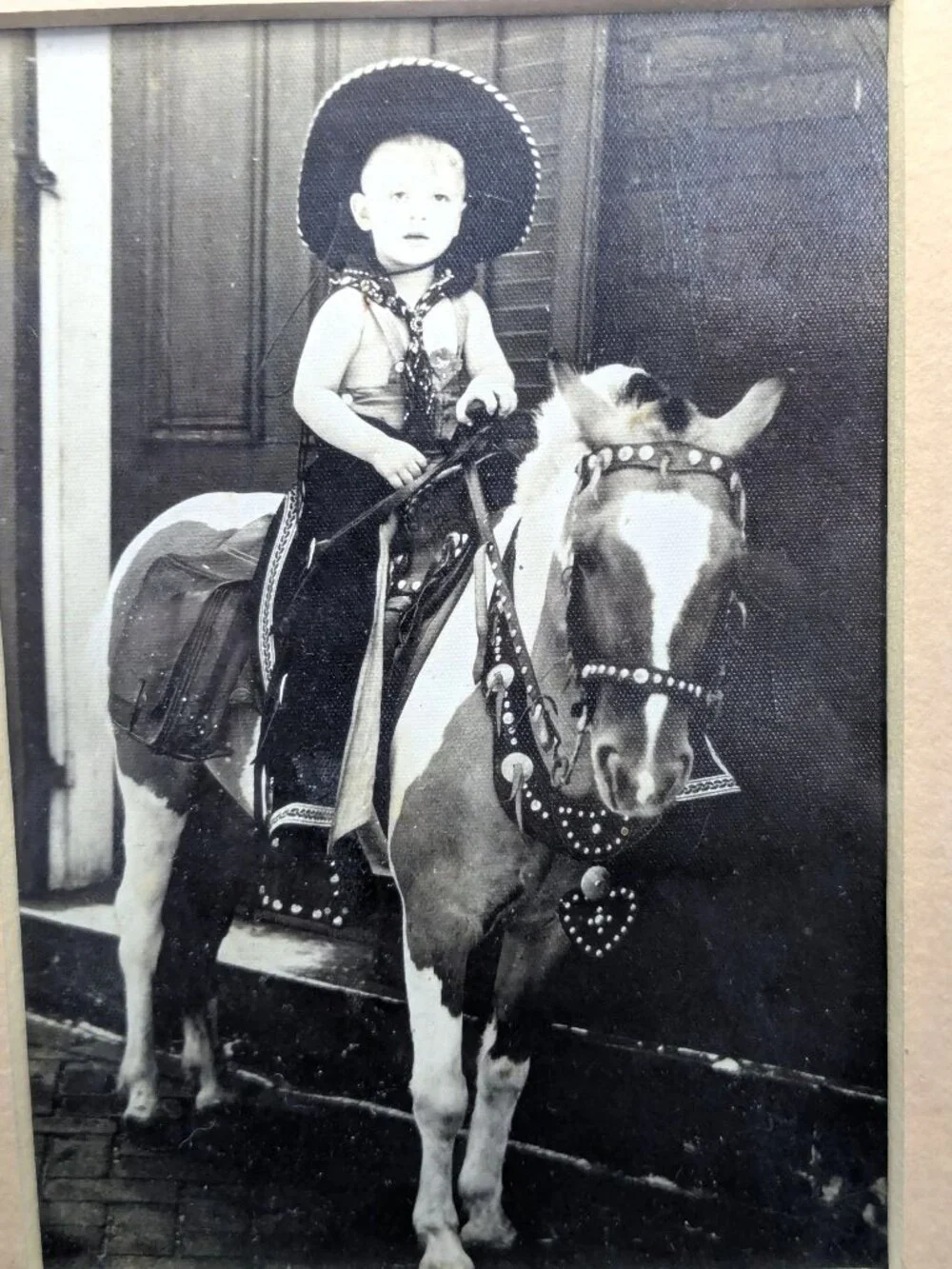 Vtg. Western Child On Pony Black & White Photo  Rustic Wooden Frame 8x10 Inches